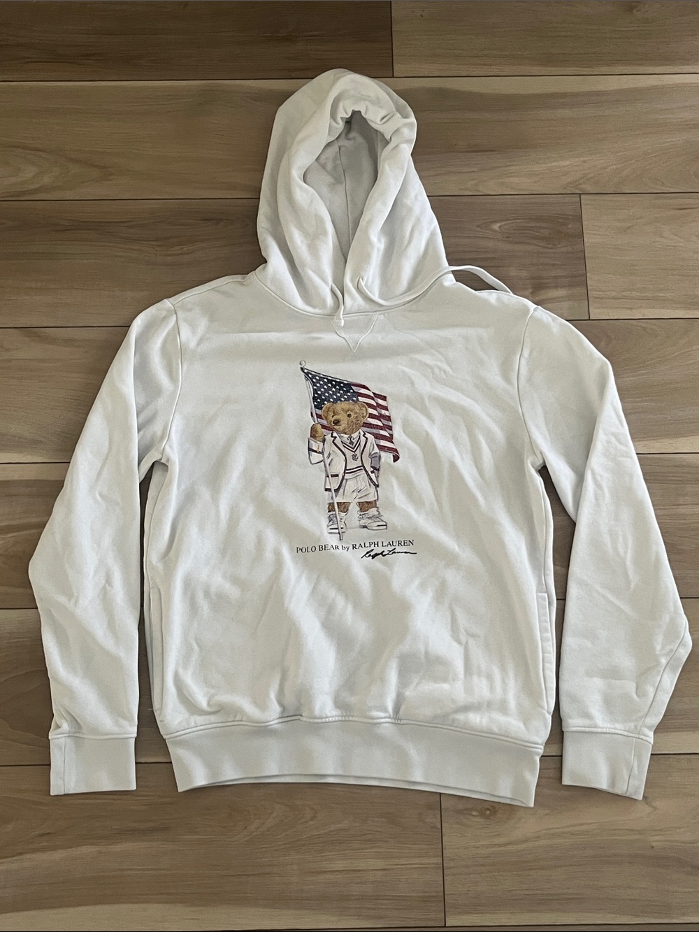 Ralph Lauren White Polo Bear Hoodie with American Flag Graphic